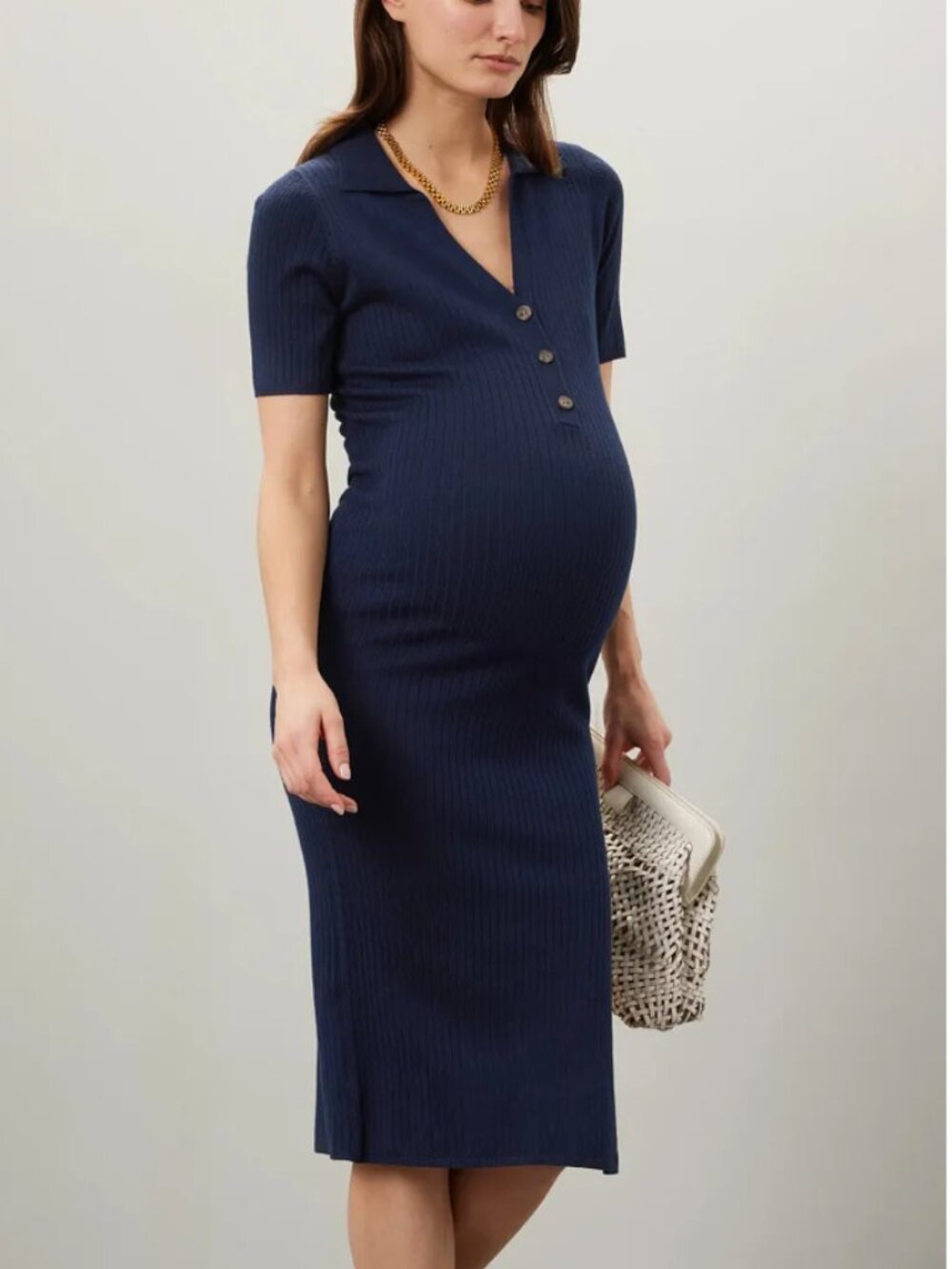 Ripe Maddy Knit Dress Polo Maternity Navy Short-Sleeve Midi Dress Buttons Women